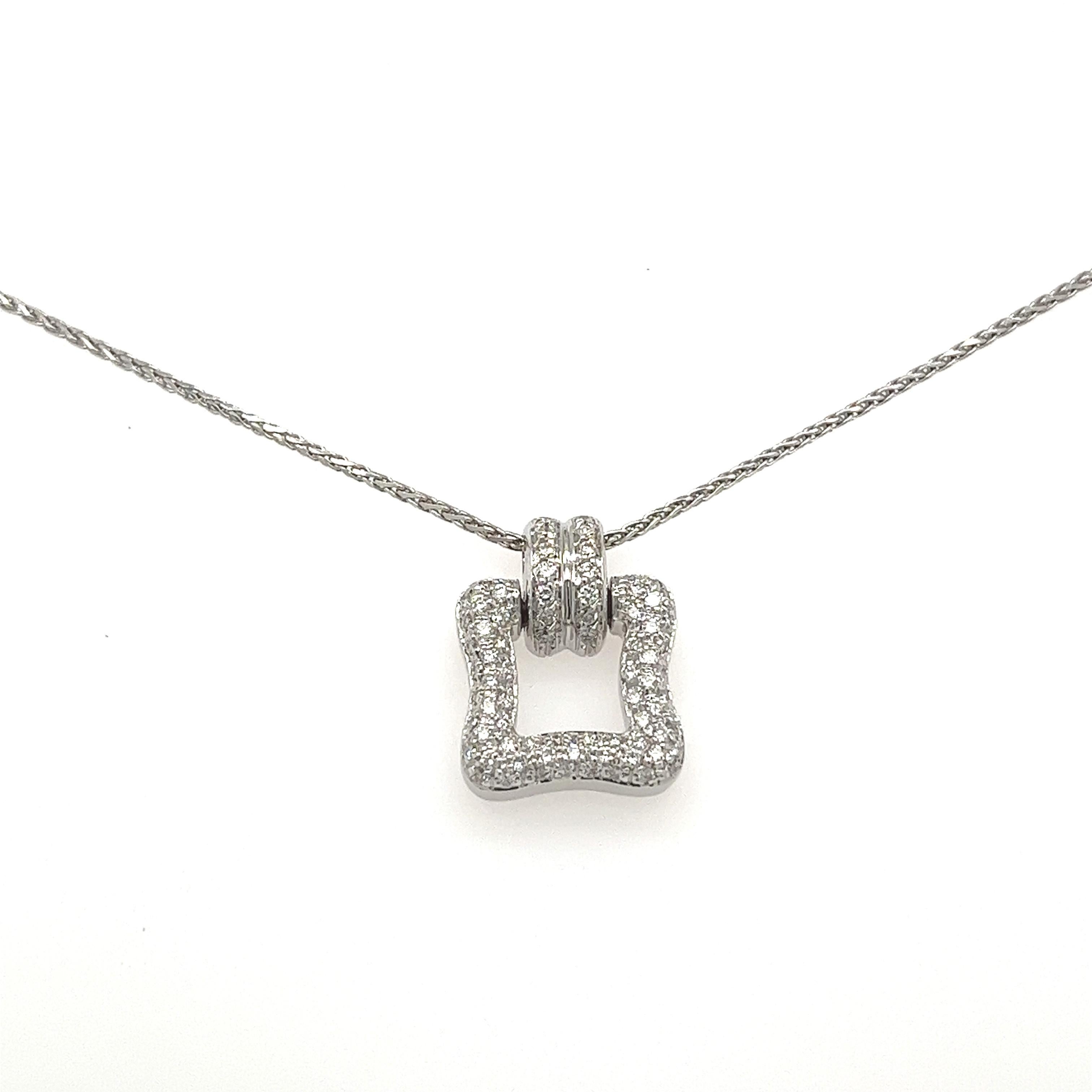 Shop this dainty square-shaped natural diamond pendant, set in 18k white gold and paired with a 14k white gold wheat style chain. A minimalist design but a grand gesture. Double rhodium plated with a polished finish for extra sparkle and shine.