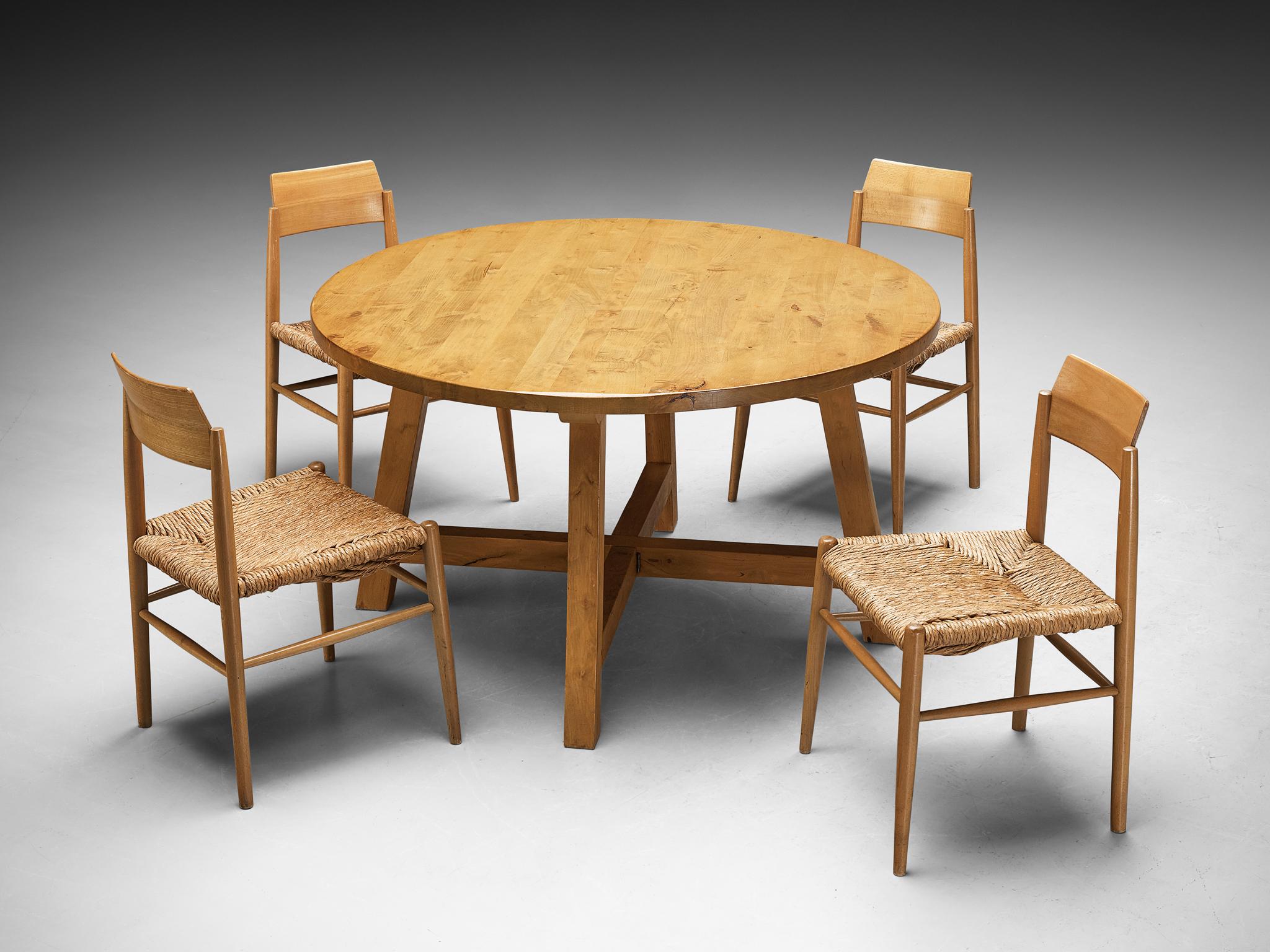 Natural Round Dining Table in Elm with French Set of Four Dining Chairs  For Sale 4