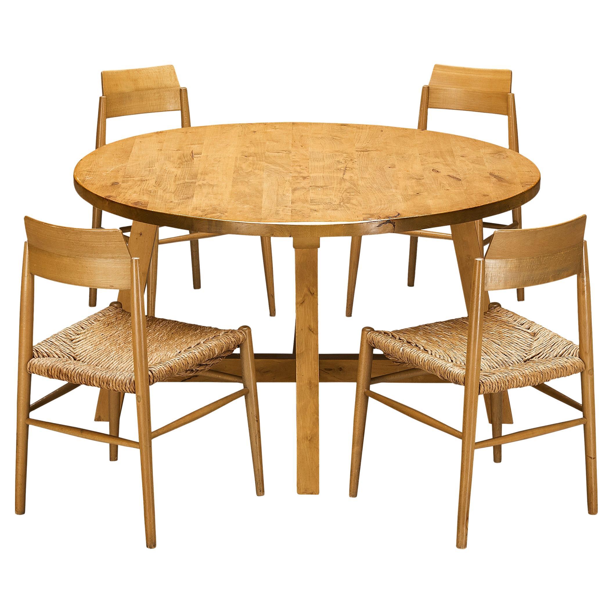 Natural Round Dining Table in Elm with French Set of Four Dining Chairs  For Sale