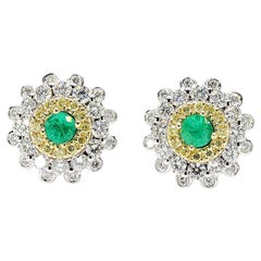 Natural Round Emerald and Diamond 1.30 Carat TW Gold Stud Earrings