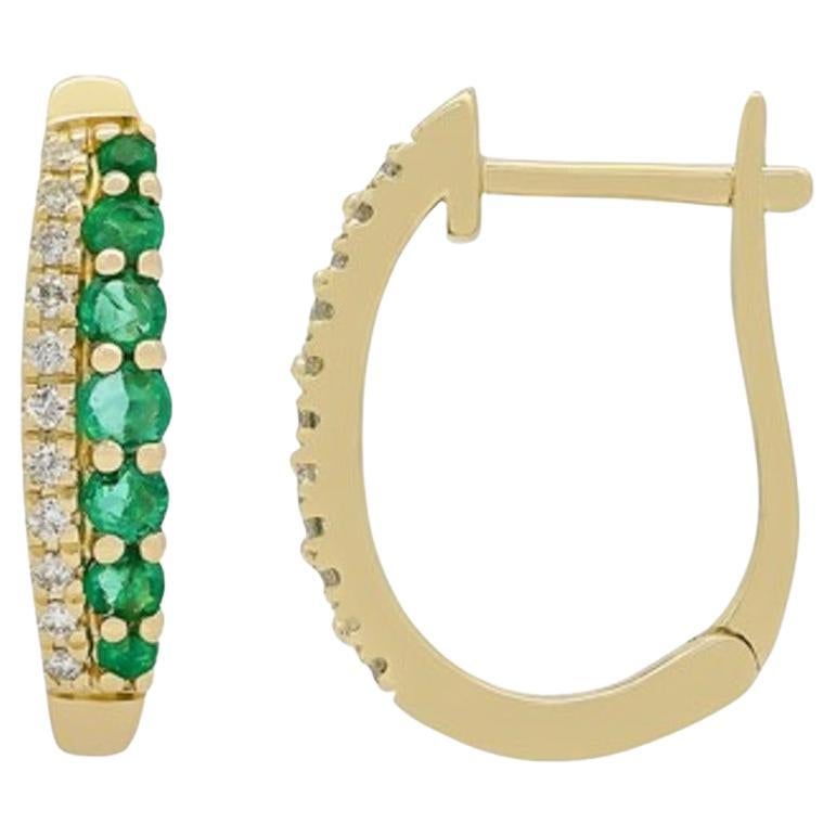 Natural Round Emerald and Diamond 14 Karat Yellow Gold Hoop Earrings