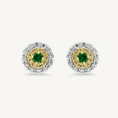 Natural Round Emerald and Diamond .93 Carat TW Yellow Gold Stud Earrings