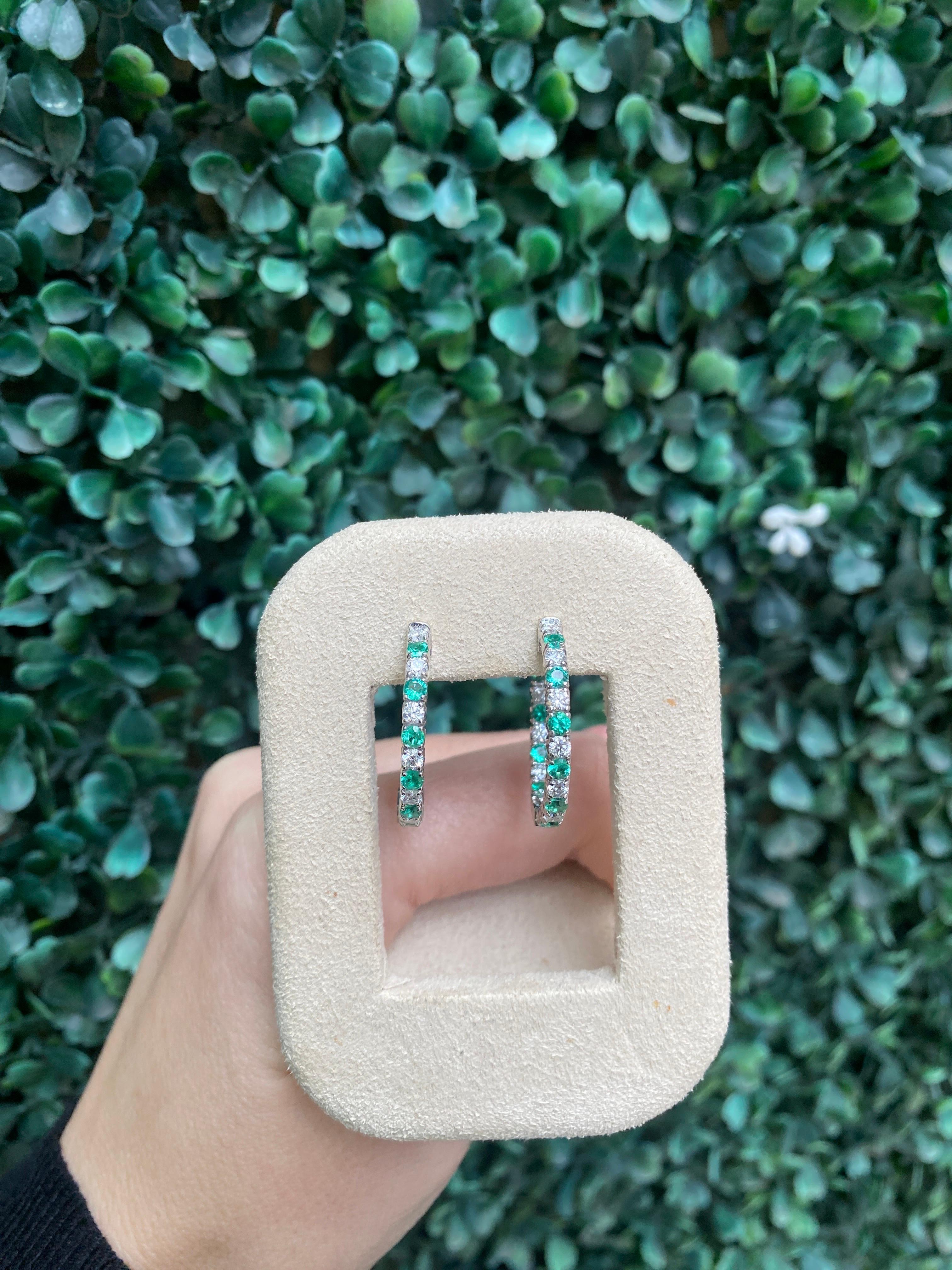 Natural Round Emerald and Round Diamond Inside Out Hoop Earrings For Sale 6