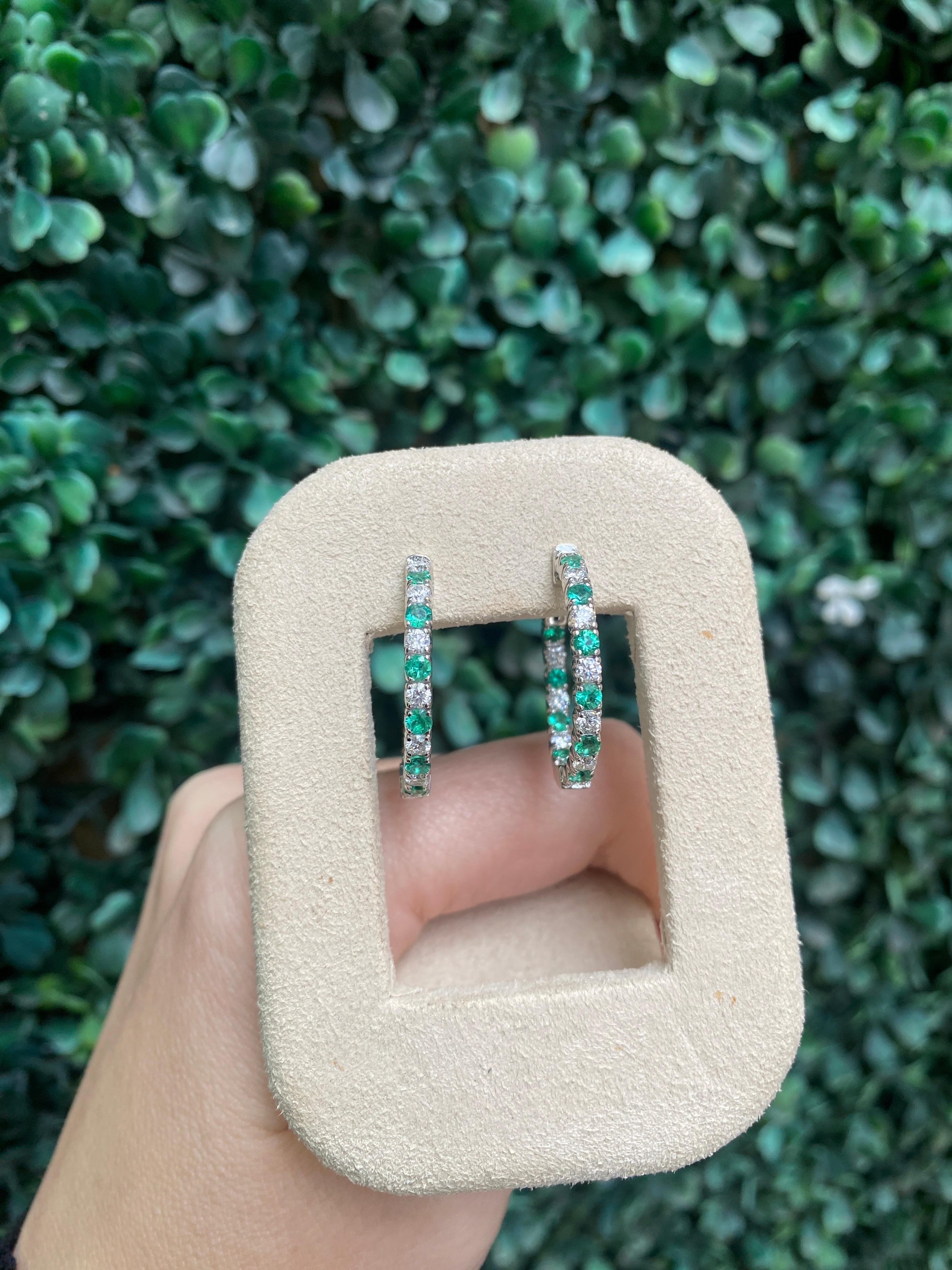 Natural Round Emerald and Round Diamond Inside Out Hoop Earrings For Sale 4