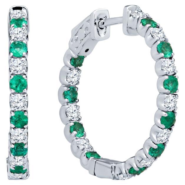 Natural Round Emerald and Round Diamond Inside Out Hoop Earrings For Sale