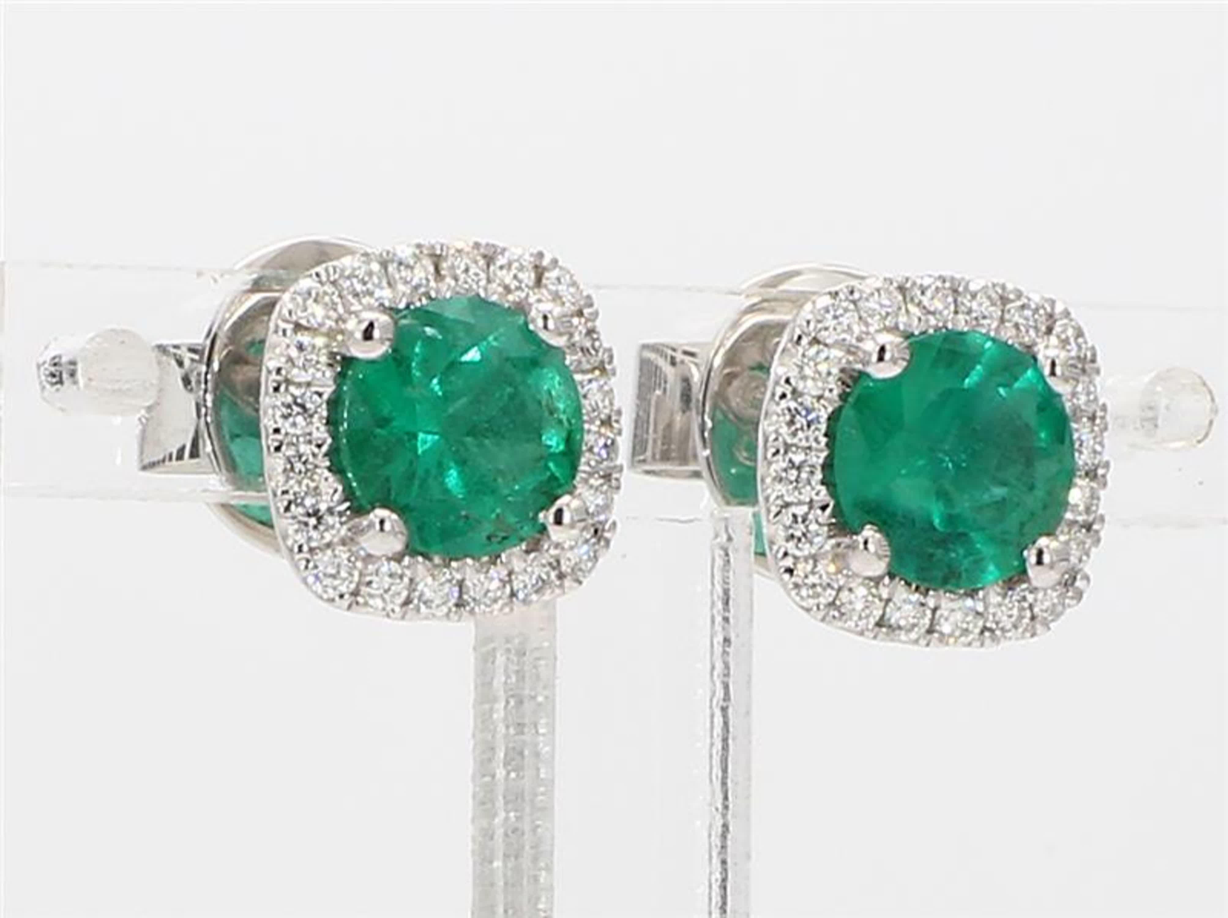 Natural Round Emerald and White Diamond 1.19 Carat TW White Gold Stud Earrings For Sale 1