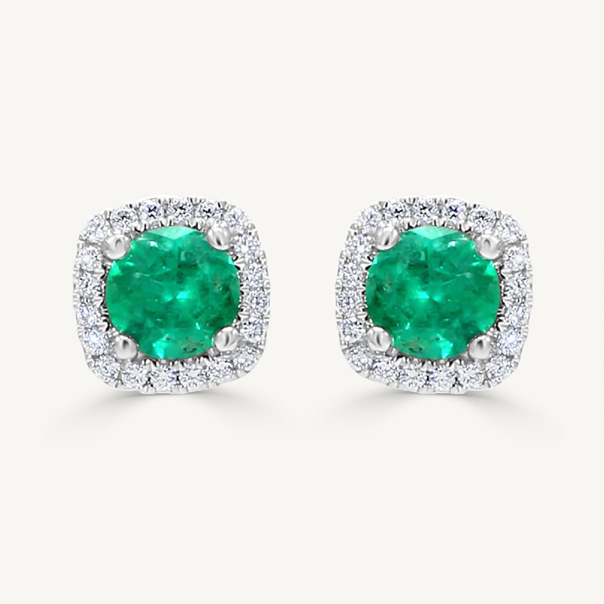 Natural Round Emerald and White Diamond 1.19 Carat TW White Gold Stud Earrings For Sale