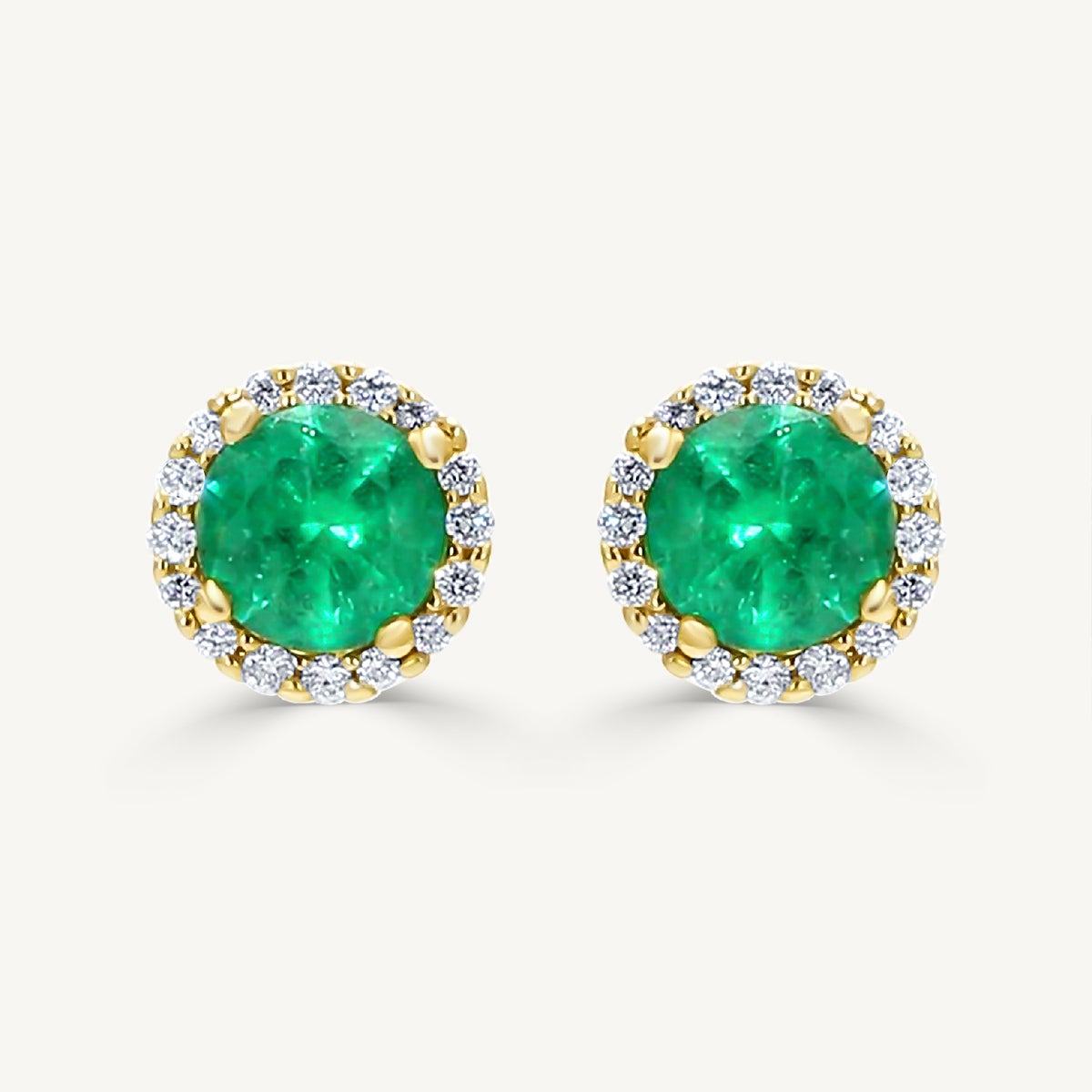 Natural Round Emerald and White Diamond 1.24 Carat TW Yellow Gold Stud Earrings For Sale