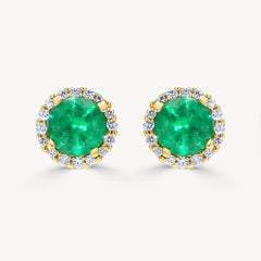 Natural Round Emerald and White Diamond 1.24 Carat TW Yellow Gold Stud Earrings