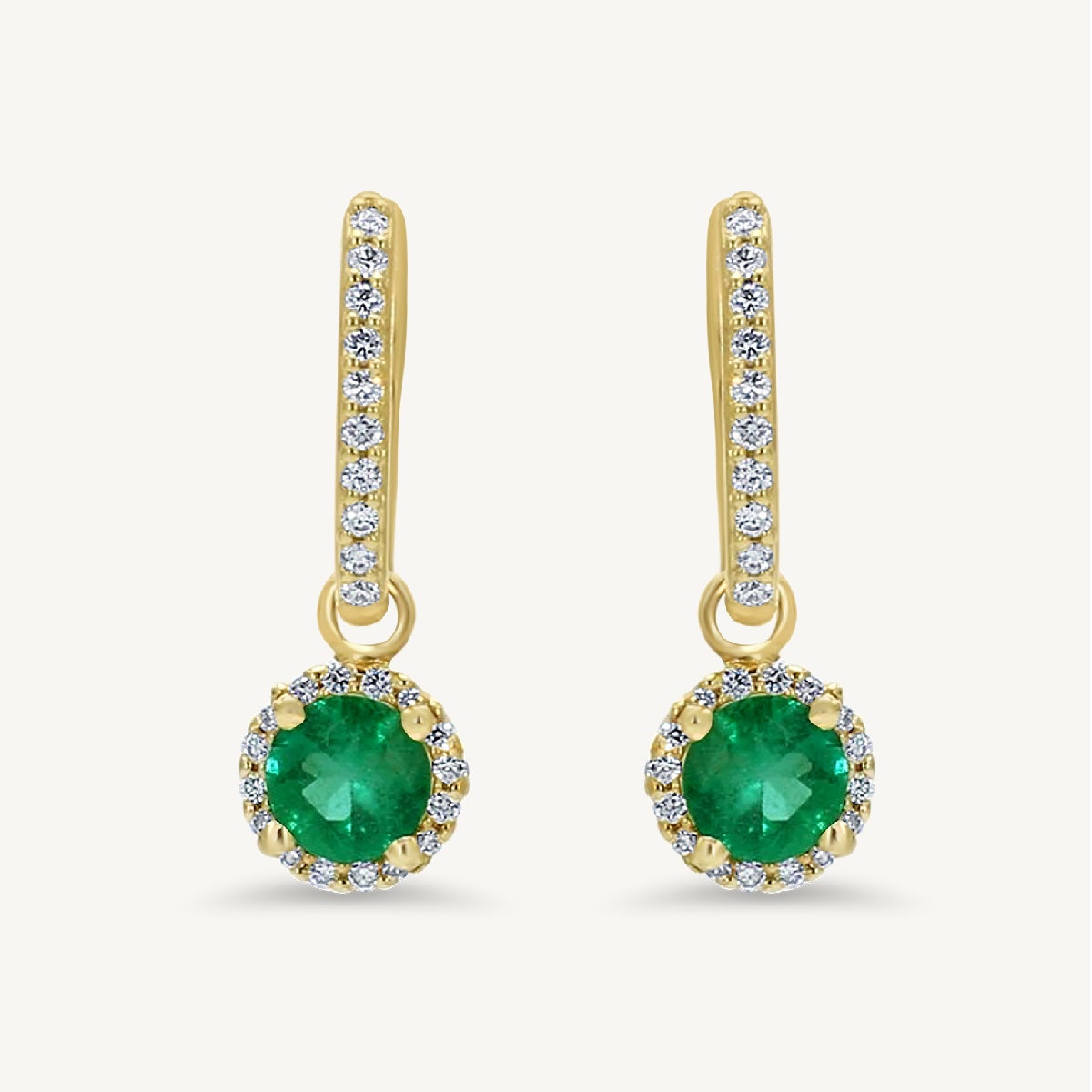 Natural Round Emerald and White Diamond 1.35 Carat TW Yellow Gold Drop Earrings For Sale