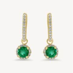 Natural Round Emerald and White Diamond 1.35 Carat TW Yellow Gold Drop Earrings