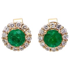 Natural Round Emerald and White Diamond 1.55 Carat TW Yellow Gold Stud Earrings