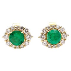 Natural Round Emerald and White Diamond 1.62 Carat TW Gold Stud Earrings