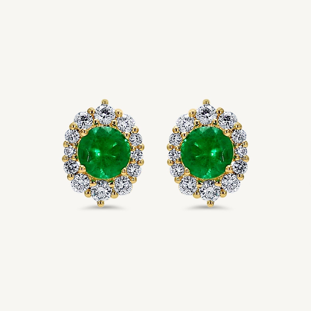 Natural Round Emerald and White Diamond 1.62 Carat TW Yellow Gold Stud Earrings For Sale