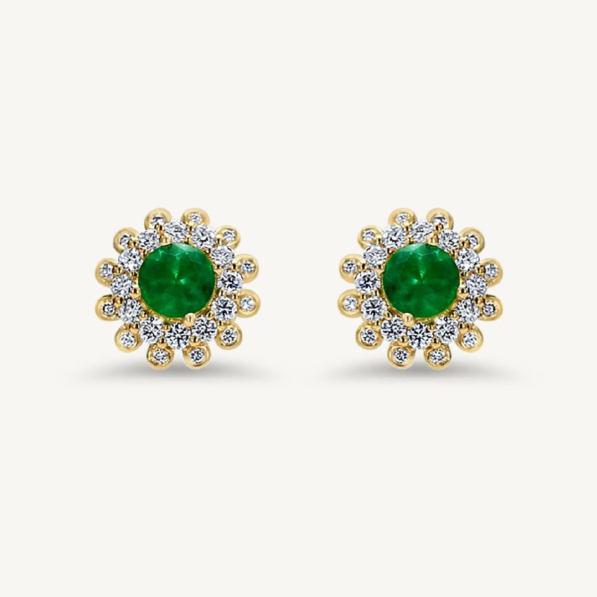 Natural Round Emerald and White Diamond 1.70 Carat TW Yellow Gold Stud Earrings For Sale