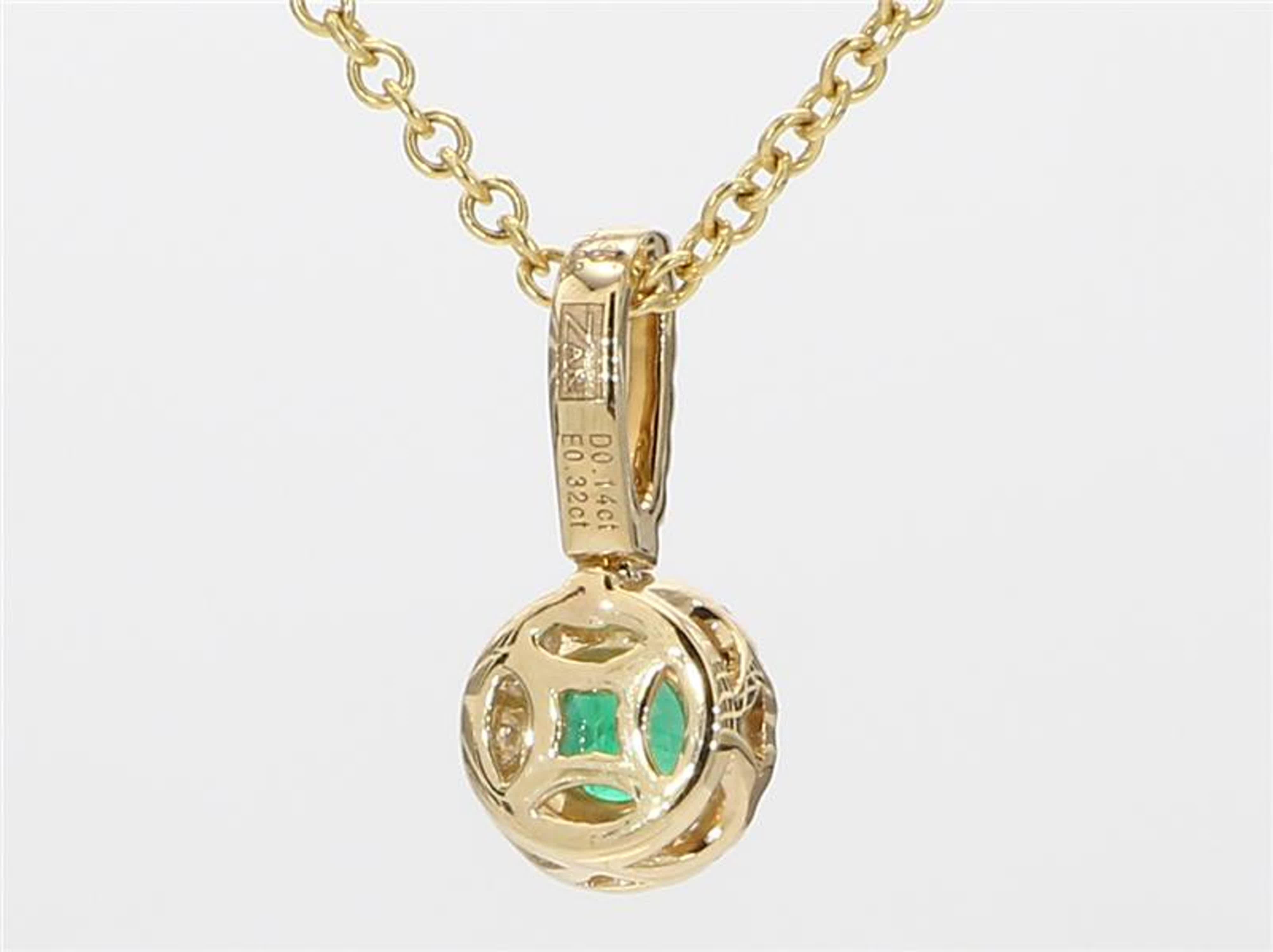 Natural Round Emerald and White Diamond .46 Carat TW Yellow Gold Drop Pendant In New Condition In New York, NY