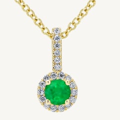 Natural Round Emerald and White Diamond .46 Carat TW Yellow Gold Drop Pendant