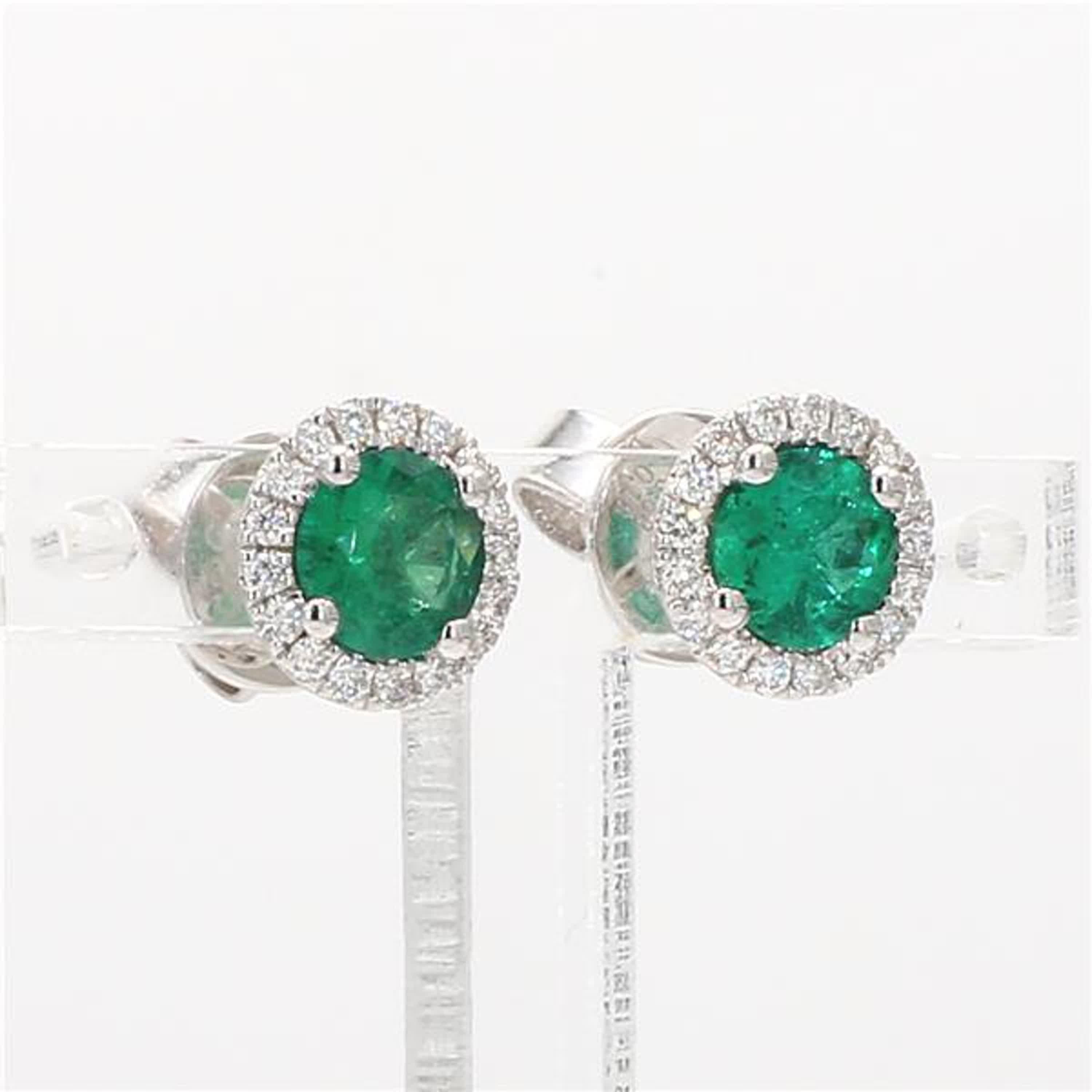 Natural Round Emerald and White Diamond .86 Carat TW White Gold Stud Earrings For Sale 1
