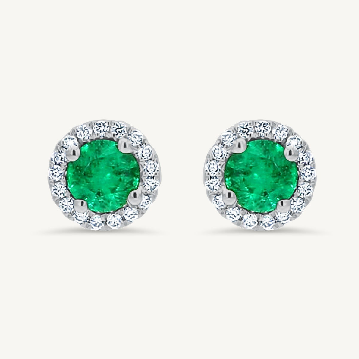 Natural Round Emerald and White Diamond .86 Carat TW White Gold Stud Earrings For Sale