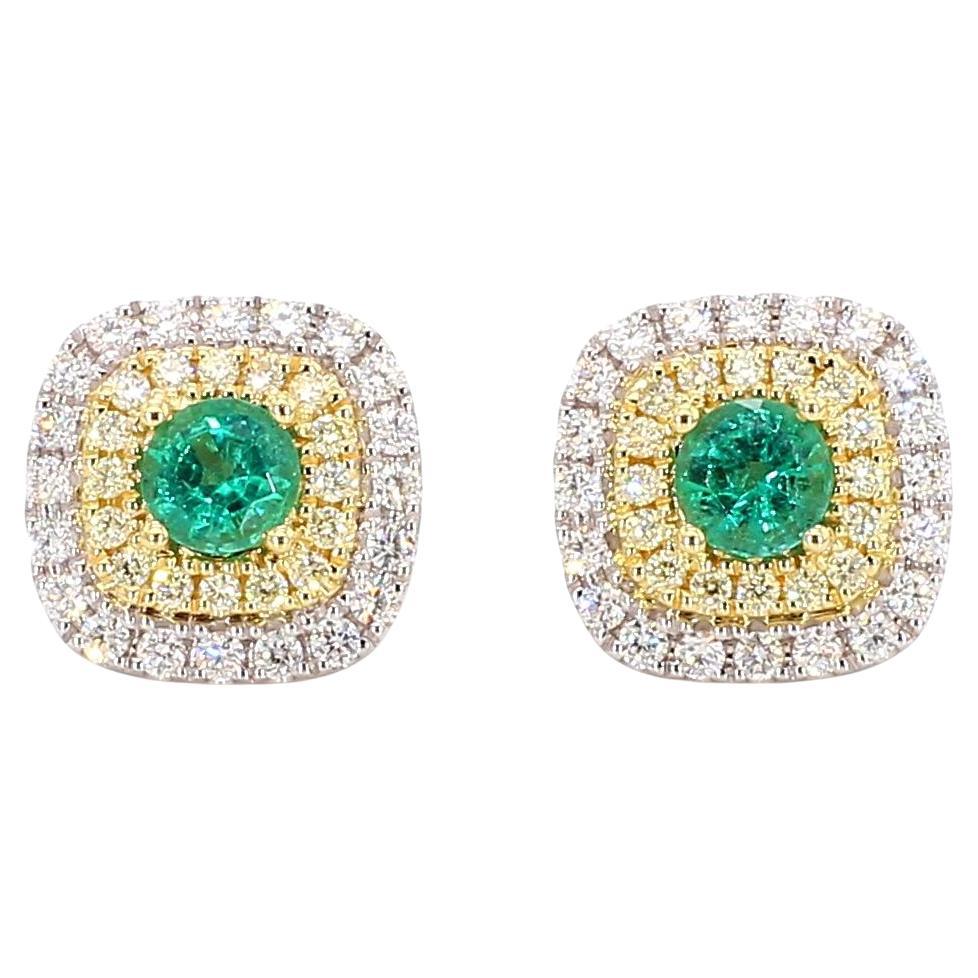 Natural Round Emerald and White Diamond .91 Carat TW Gold Stud Earrings