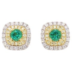 Natural Round Emerald and White Diamond .91 Carat TW Gold Stud Earrings