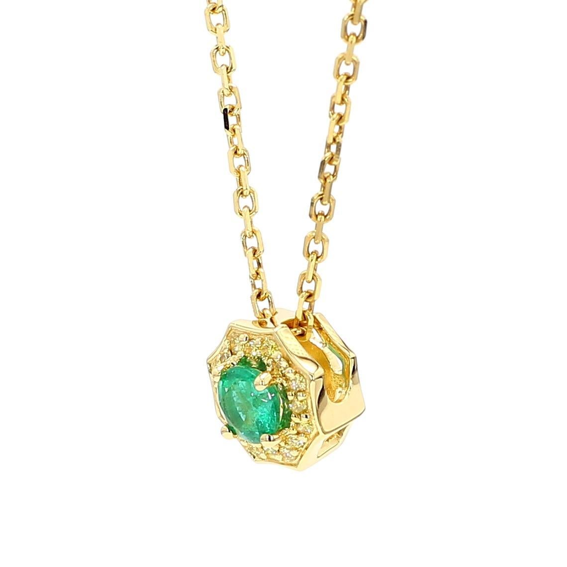 Round Cut Natural Round Emerald and Yellow Diamond .36 Carat TW Gold Drop Pendant For Sale