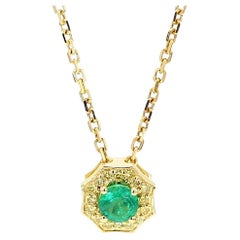 Natural Round Emerald and Yellow Diamond .36 Carat TW Gold Drop Pendant