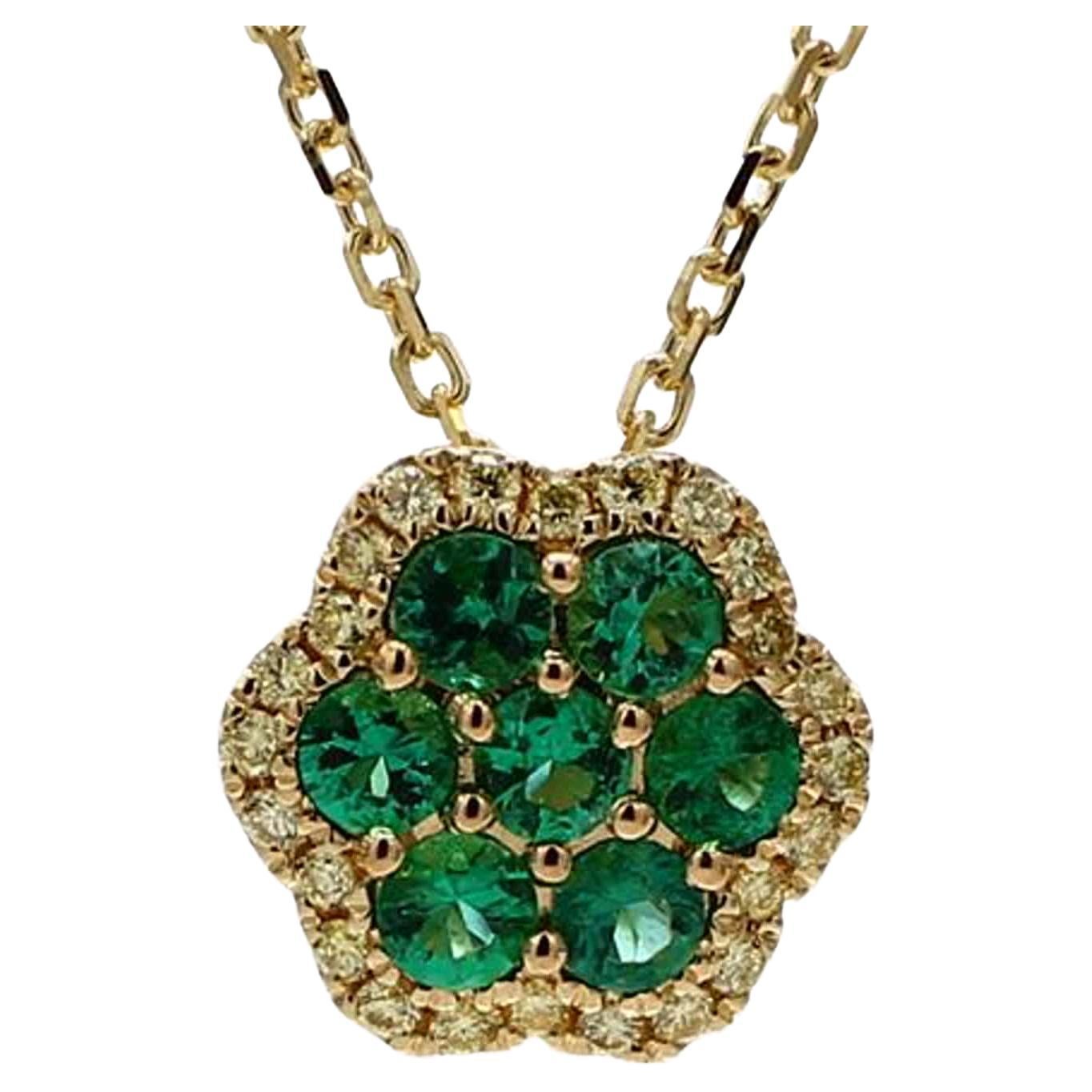 Natural Round Emerald and Yellow Diamond .78 Carat TW Gold Drop Pendant
