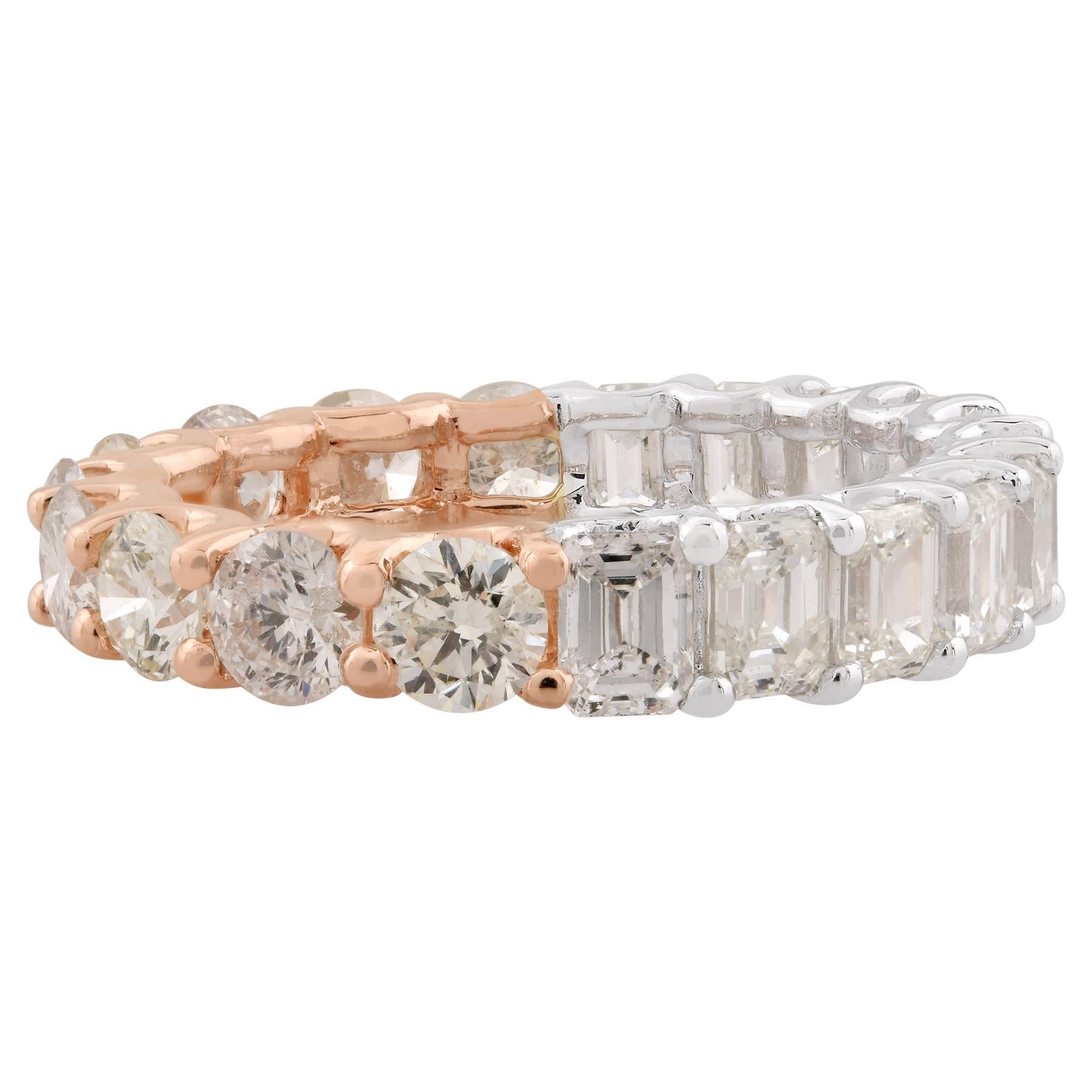 Natural Round & Emerald Cut Diamond Band Ring 14 Karat Rose & White Gold Jewelry