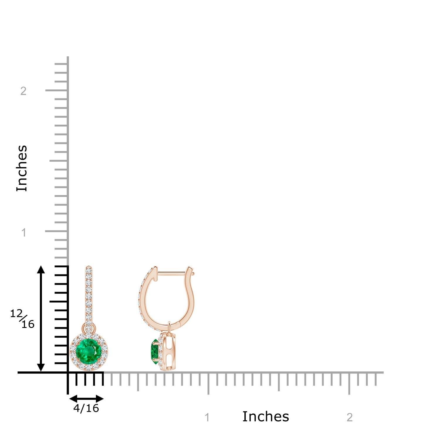 Nestled within a glimmering halo of round diamonds are round lush green emeralds in prong settings. The diamond accents on the hoop lend an additional touch of elegance to these emerald dangle earrings crafted in 14k rose gold.
Emerald is the