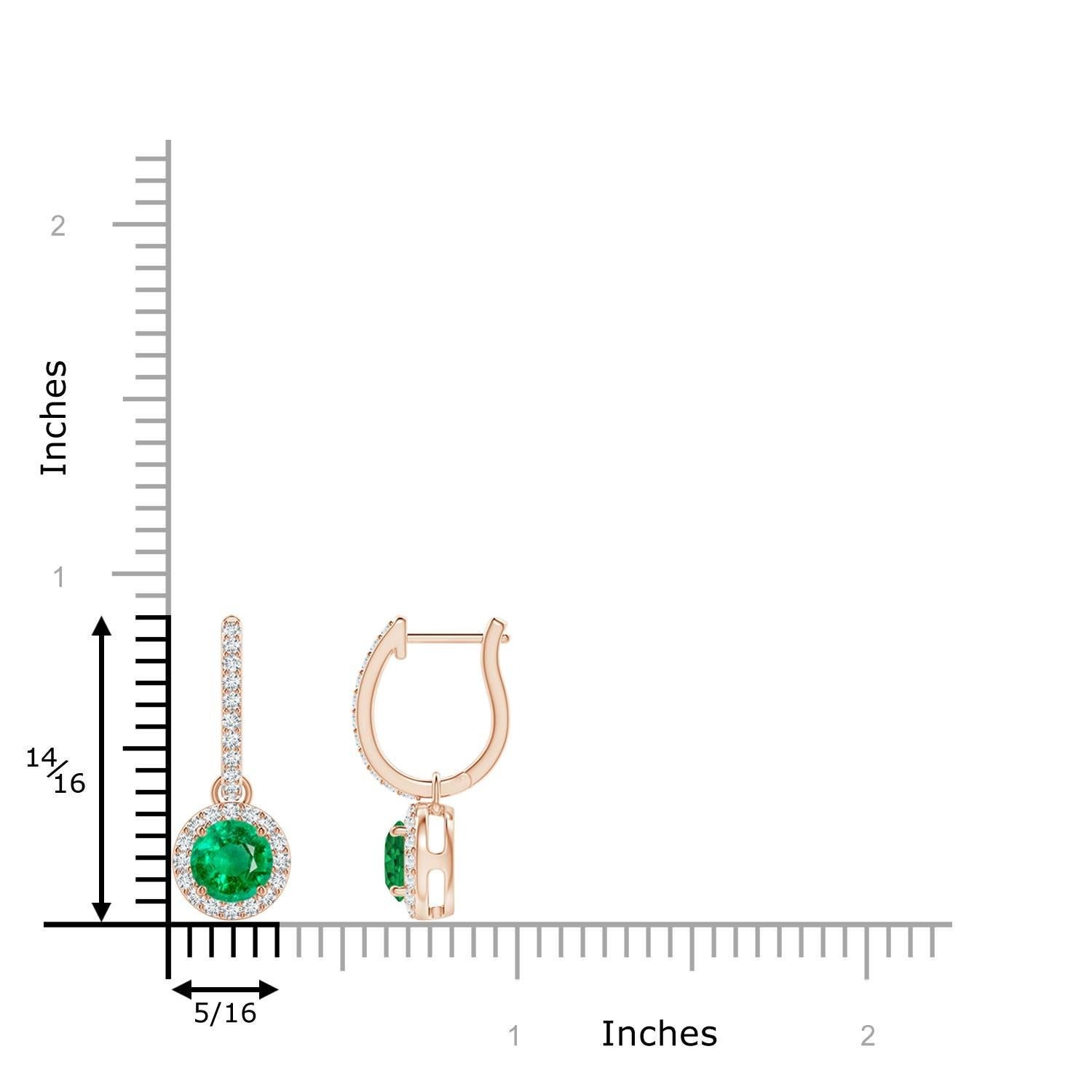 Nestled within a glimmering halo of round diamonds are round lush green emeralds in prong settings. The diamond accents on the hoop lend an additional touch of elegance to these emerald dangle earrings crafted in 14k rose gold.
Emerald is the