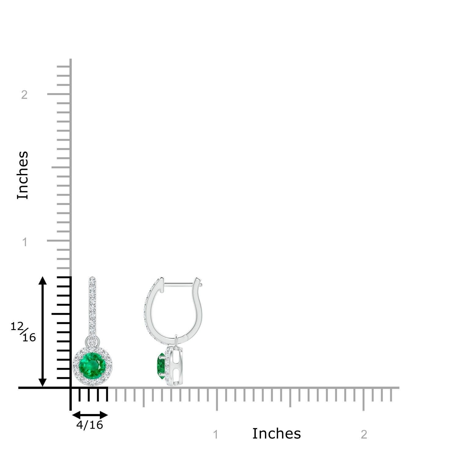 Nestled within a glimmering halo of round diamonds are round lush green emeralds in prong settings. The diamond accents on the hoop lend an additional touch of elegance to these emerald dangle earrings crafted in 14k white gold.
Emerald is the