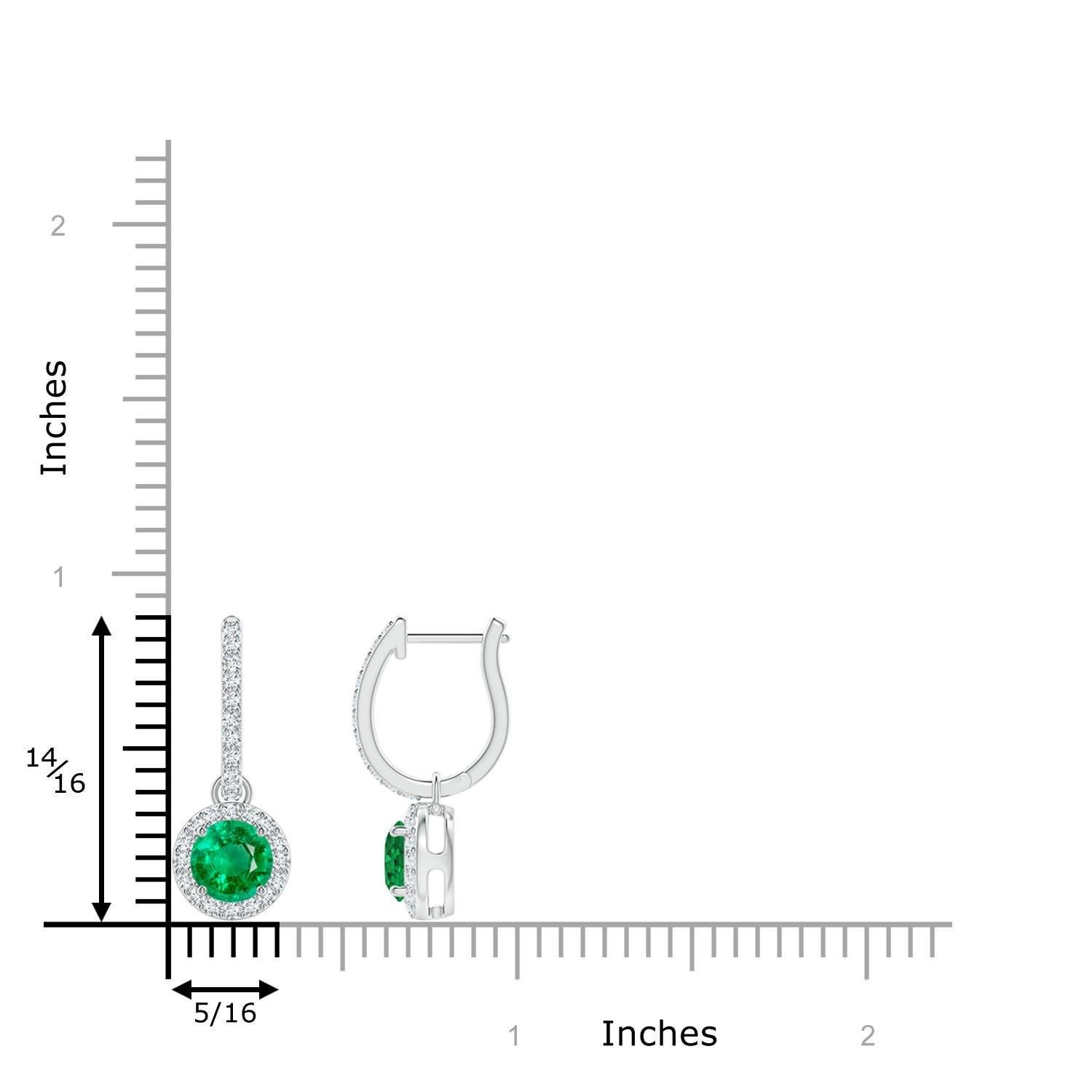 Nestled within a glimmering halo of round diamonds are round lush green emeralds in prong settings. The diamond accents on the hoop lend an additional touch of elegance to these emerald dangle earrings crafted in 14k white gold.
Emerald is the