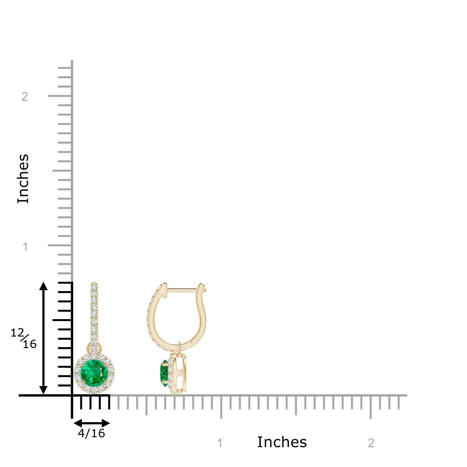 Nestled within a glimmering halo of round diamonds are round lush green emeralds in prong settings. The diamond accents on the hoop lend an additional touch of elegance to these emerald dangle earrings crafted in 14k yellow gold.
Emerald is the