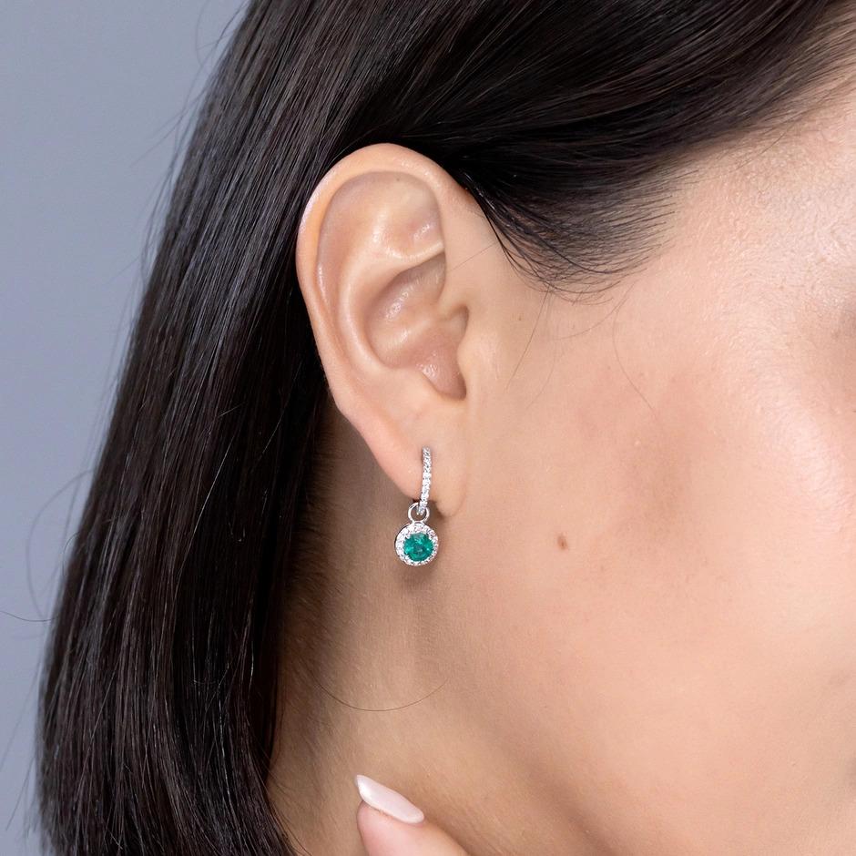 Modern Natural Round Emerald Earrings with Diamond Halo in Platinum (Size-4mm) For Sale
