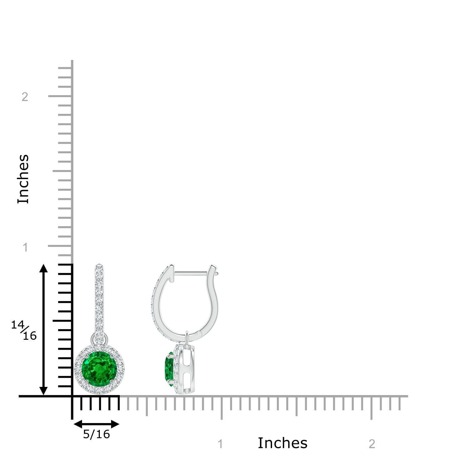 Nestled within a glimmering halo of round diamonds are round lush green emeralds in prong settings. The diamond accents on the hoop lend an additional touch of elegance to these emerald dangle earrings crafted in platinum.
Emerald is the Birthstone
