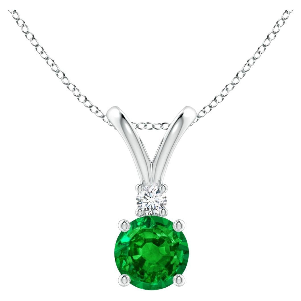 ANGARA Natural Round 0.45ct Emerald Solitaire Pendant with Diamond in Platinum For Sale