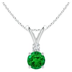 ANGARA Natural Round 0.45ct Emerald Solitaire Pendant with Diamond in Platinum