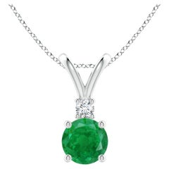 ANGARA Natural Round 0.75ct Emerald Solitaire Pendant with Diamond in Platinum