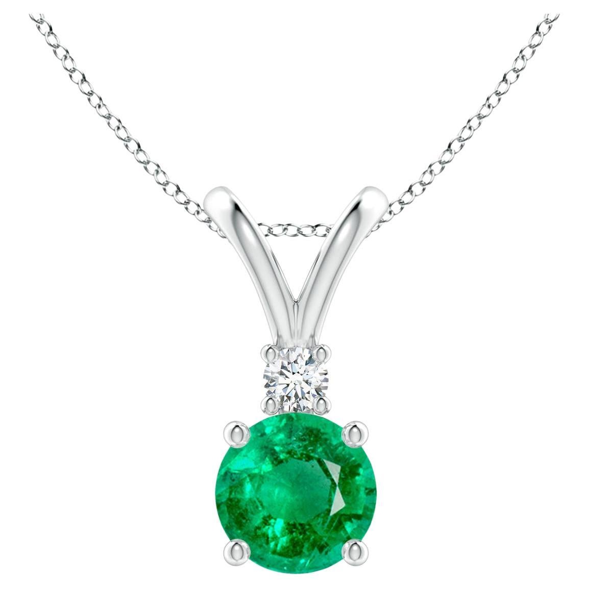 ANGARA Natural Round 0.75ct Emerald Solitaire Pendant with Diamond in Platinum For Sale
