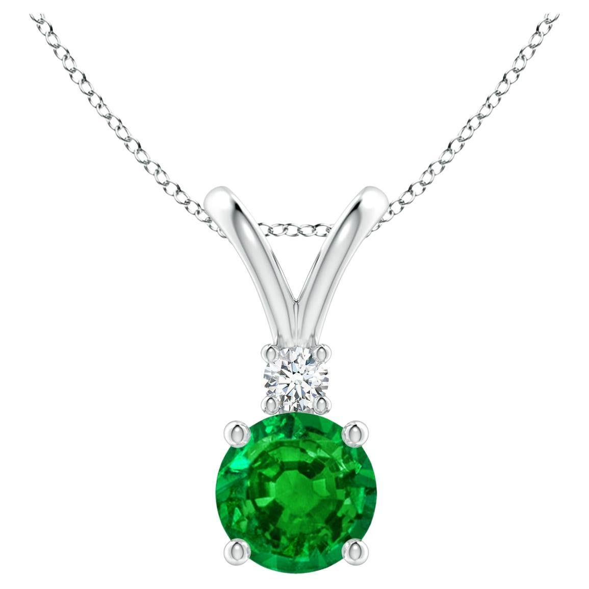 ANGARA Natural Round 0.75ct Emerald Solitaire Pendant with Diamond in Platinum For Sale