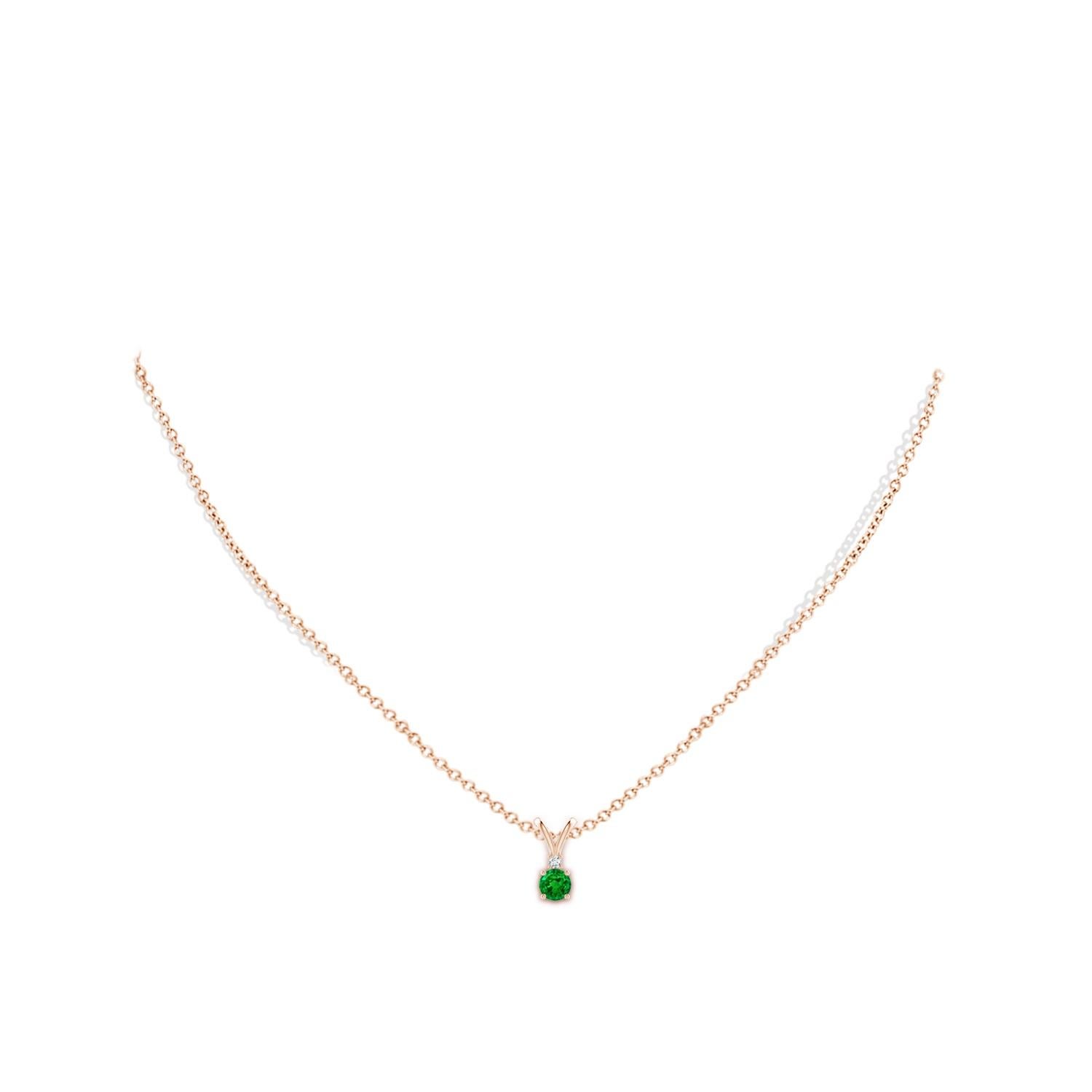 Round Cut Natural Round 0.24ct Emerald Solitaire Pendant with Diamond in 14K Rose Gold For Sale