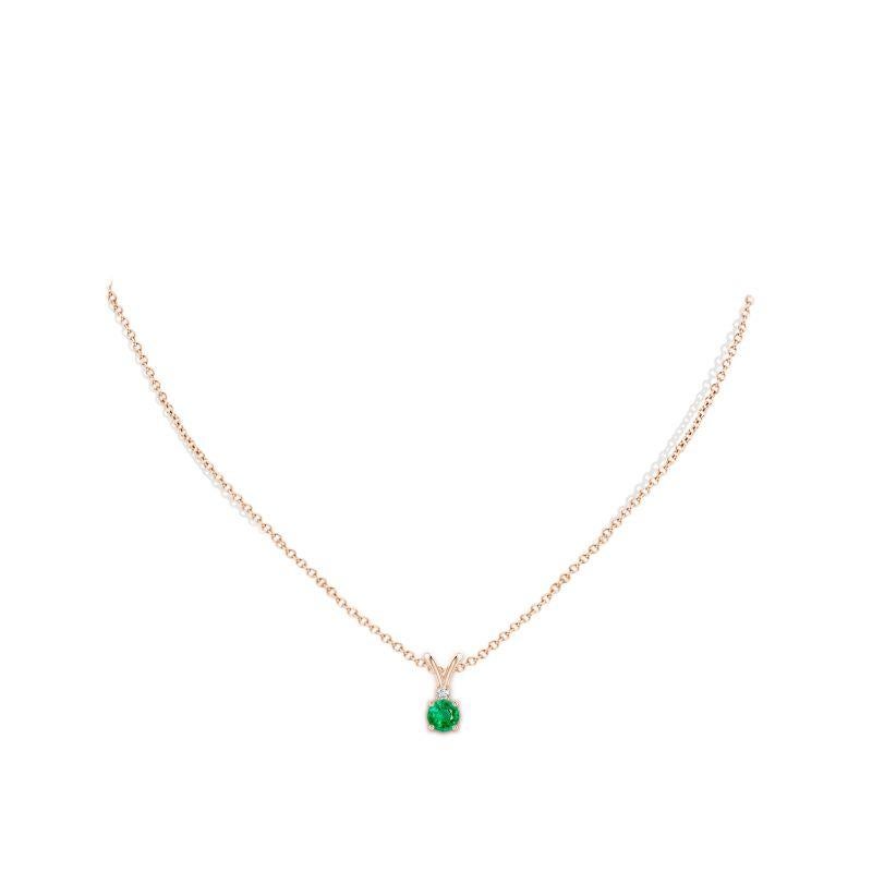 Round Cut Natural Round 0.45ct Emerald Solitaire Pendant with Diamond in 14K Rose Gold For Sale