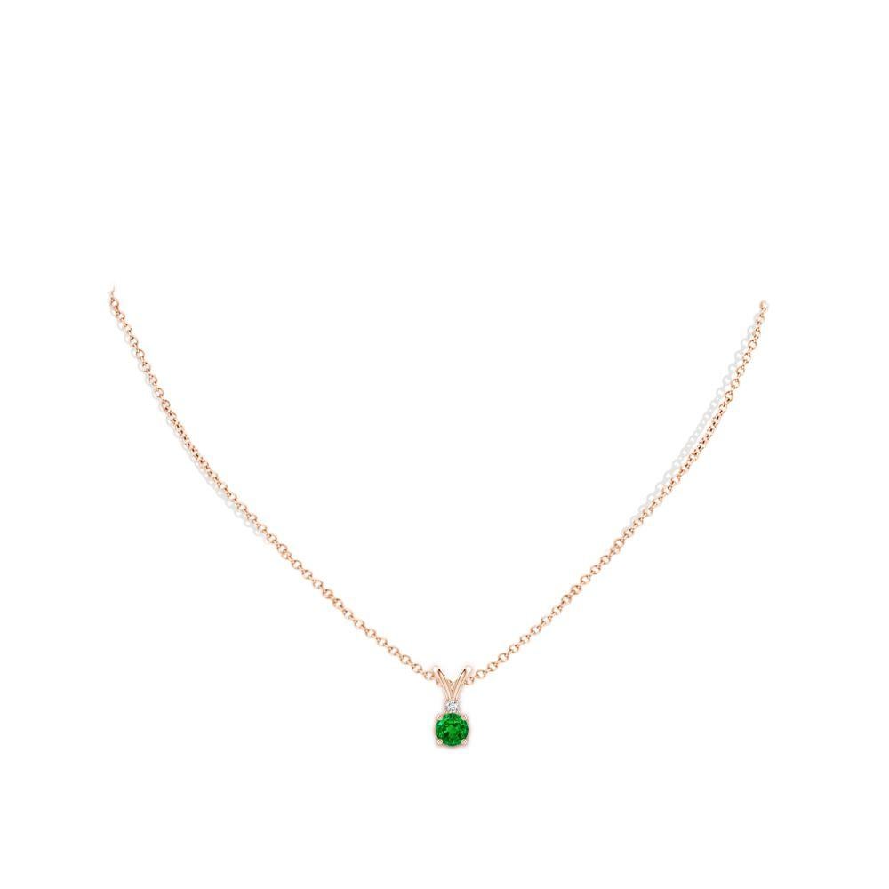 Round Cut Natural Round 0.60ct Emerald Solitaire Pendant with Diamond in 14K Rose Gold For Sale