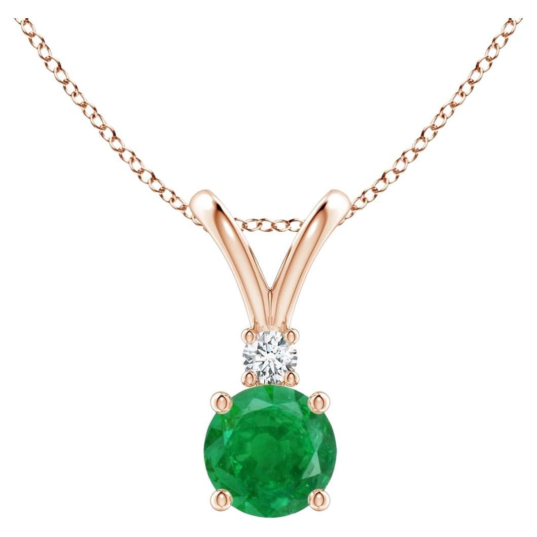 Natural Round 0.45ct Emerald Solitaire Pendant with Diamond in 14K Rose Gold For Sale