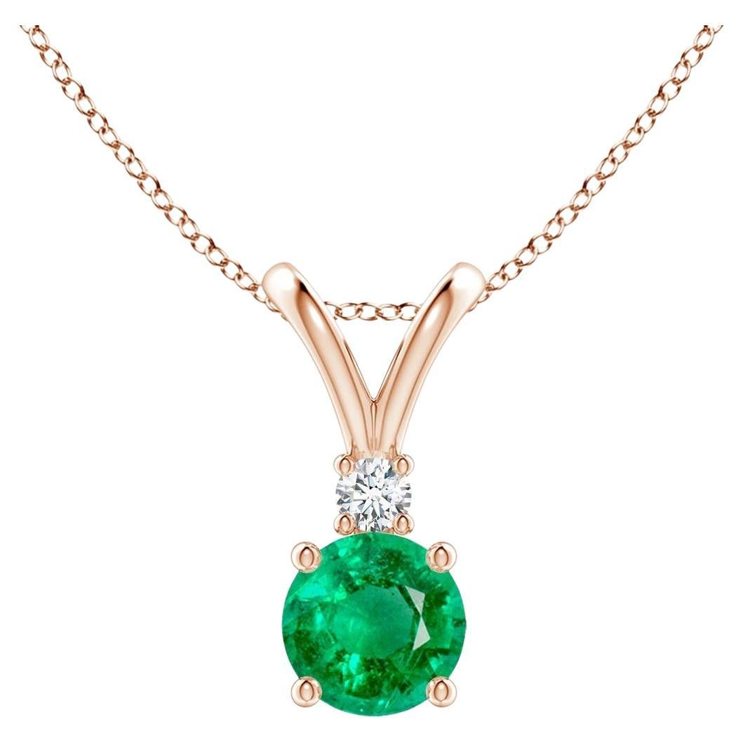 Natural Round 0.45ct Emerald Solitaire Pendant with Diamond in 14K Rose Gold