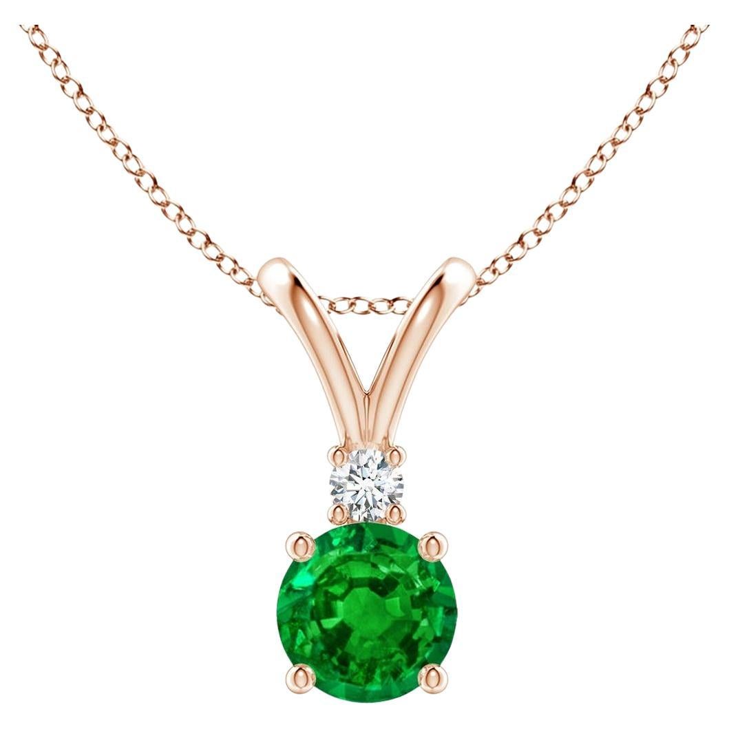 Natural Round 0.60ct Emerald Solitaire Pendant with Diamond in 14K Rose Gold For Sale