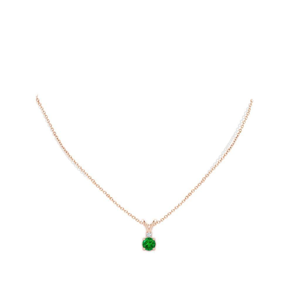 Round Cut Natural Round 0.75ct Emerald Solitaire Pendant with Diamond in 14K Rose Gold For Sale
