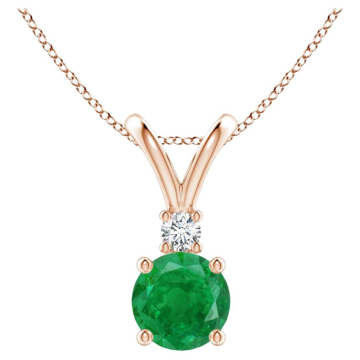 Natural Round 0.75ct Emerald Solitaire Pendant with Diamond in 14K Rose Gold For Sale