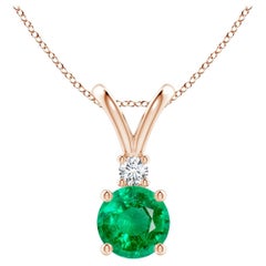 Natural Round 0.75ct Emerald Solitaire Pendant with Diamond in 14K Rose Gold